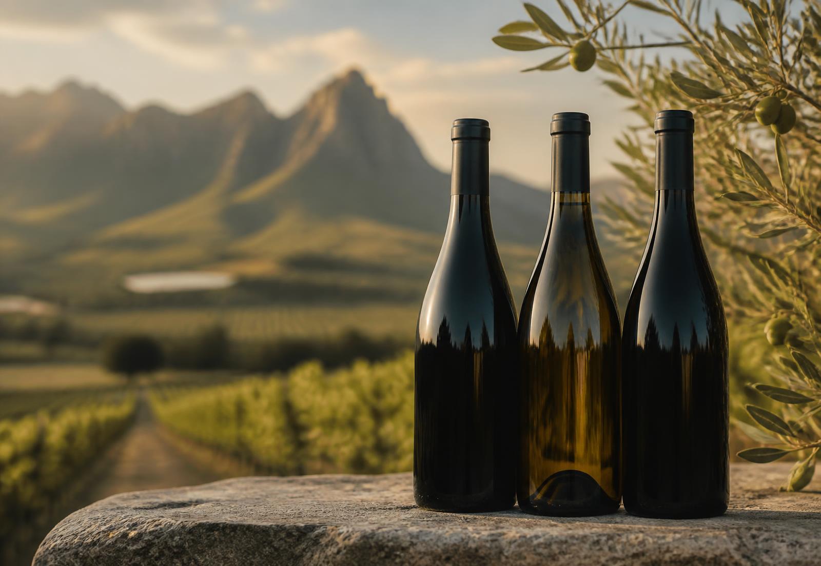 Simply Wine, Rouge Noir and Cape Collection bottles against the Cape Winelands