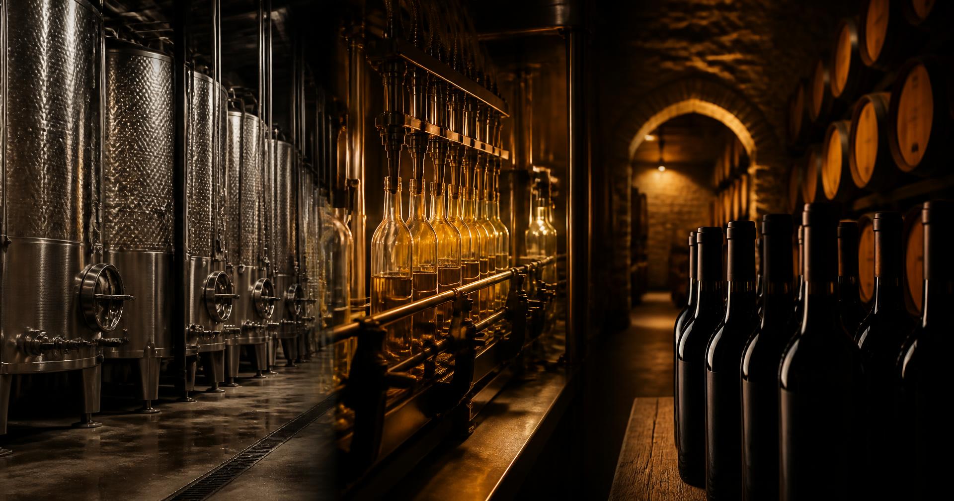 Winery tanks, a bottling line and finished bottles of wine