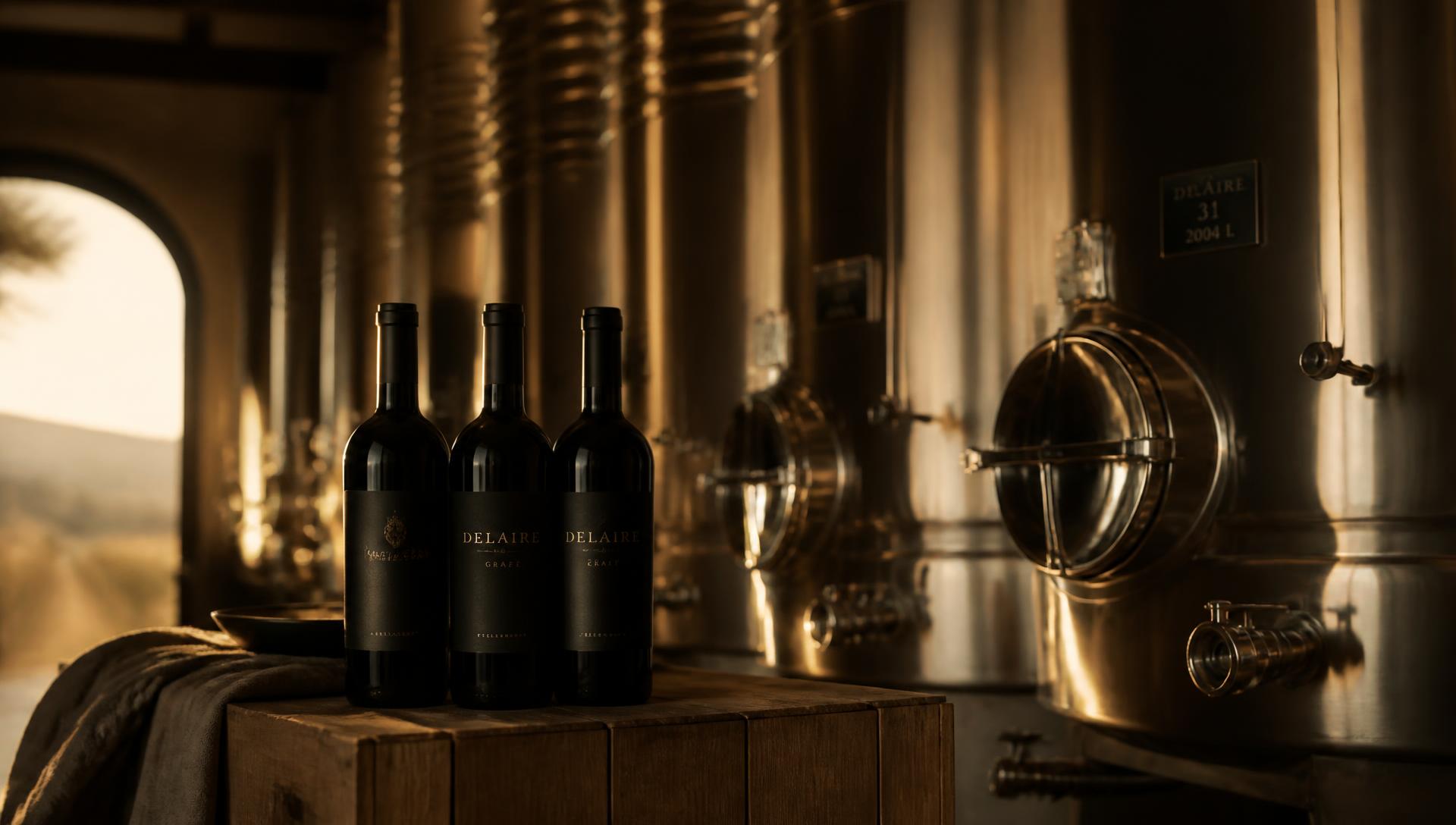Stainless steel wine tanks in a South African cellar with premium bottles in the foreground