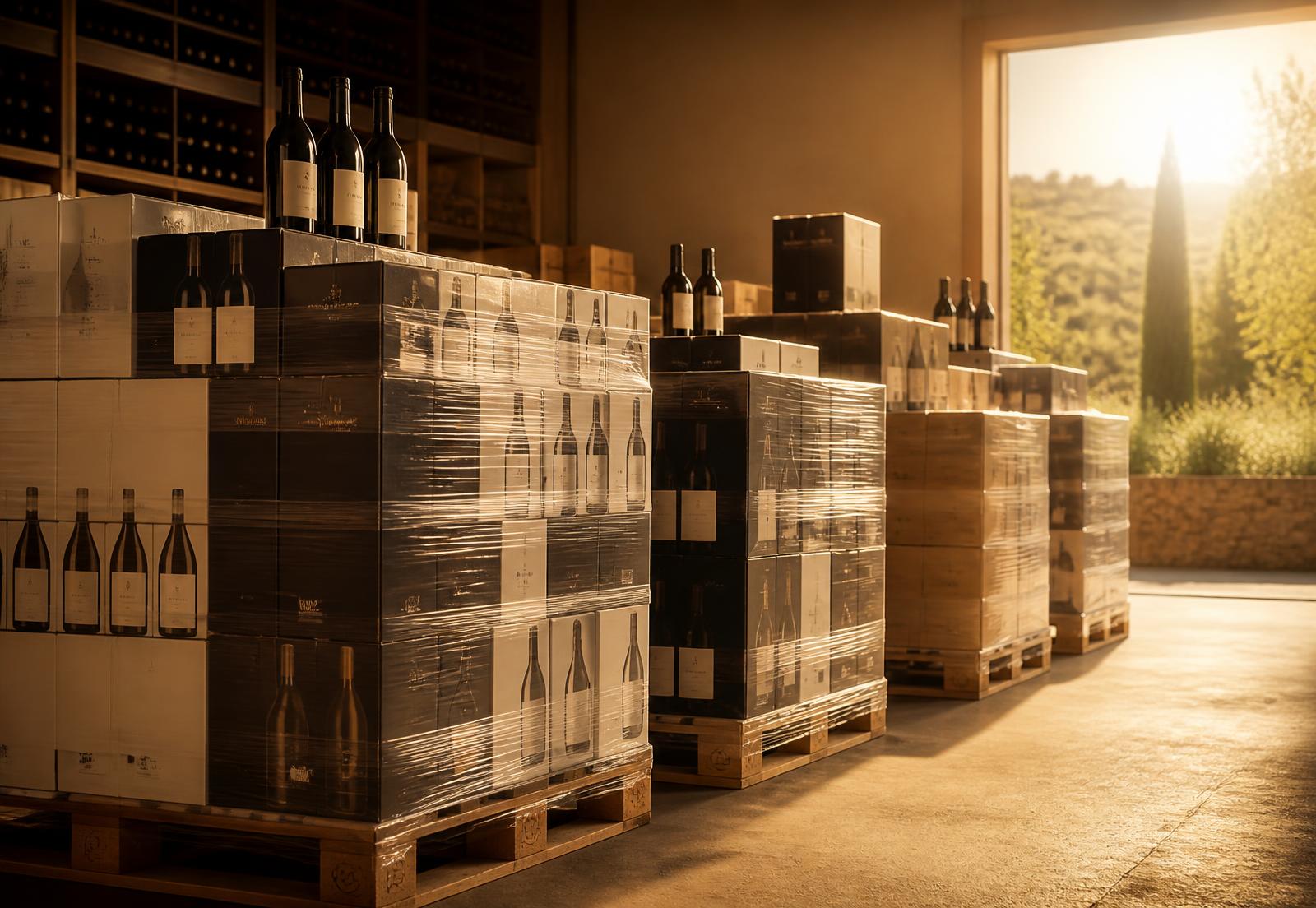 Export cartons of wine palletised and prepared for international dispatch