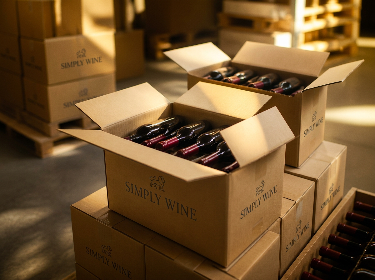 Premium wine cases and bottles prepared for warehouse distribution in a warm, refined setting