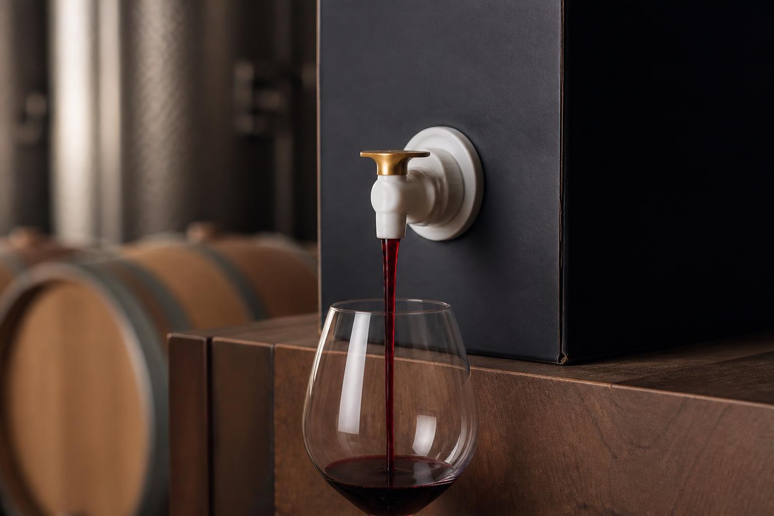 EDC dispensing system in use: wine flowing from a premium bag-in-box tap into a glass
