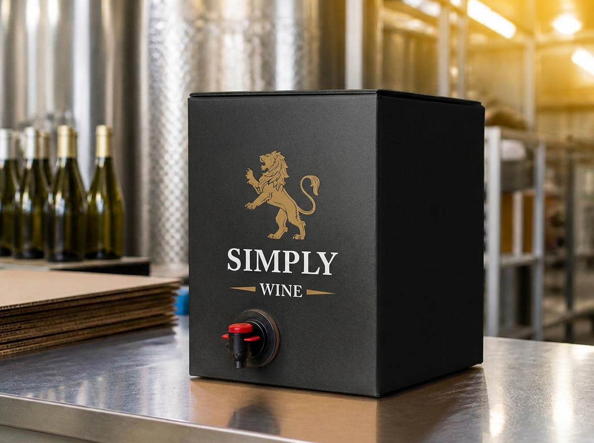 A conventional bag-in-box wine carton with dispensing tap, photographed in warm natural light